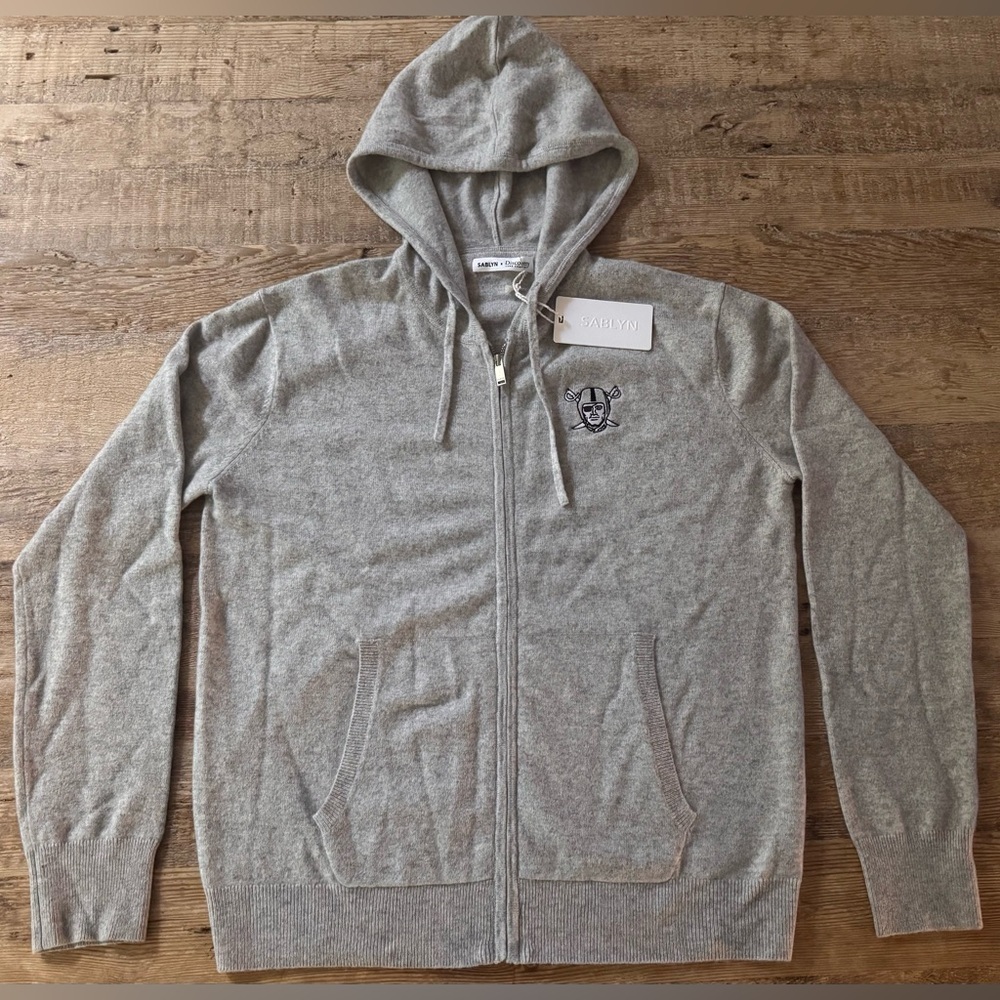 NWT SABLYN Mens Gray Zip-Up Cashmere Hoodie Size Medium with Raiders Logo